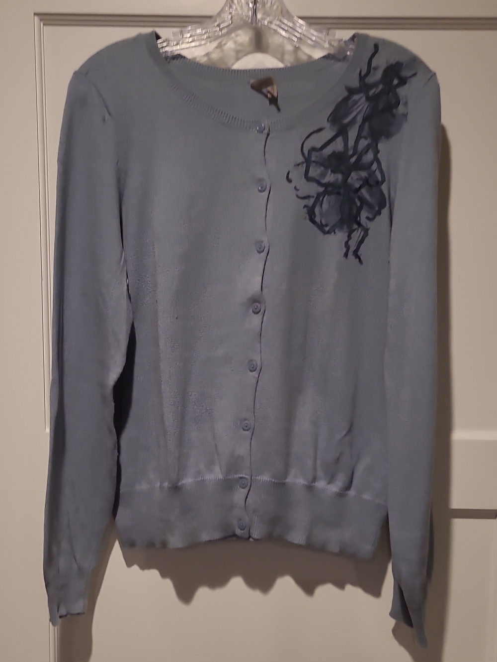 Caslon Light Blue Button-Front Cardigan with Floral Applique